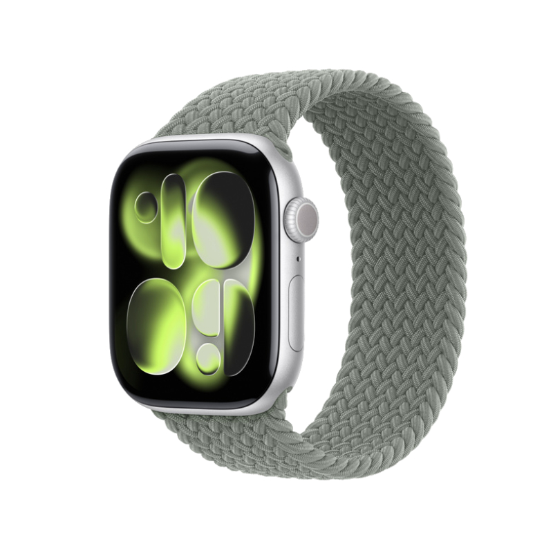 Apple Watch Series 11 GPS, 46mm Silver Aluminum Case with Green Grey Braided Solo Loop
